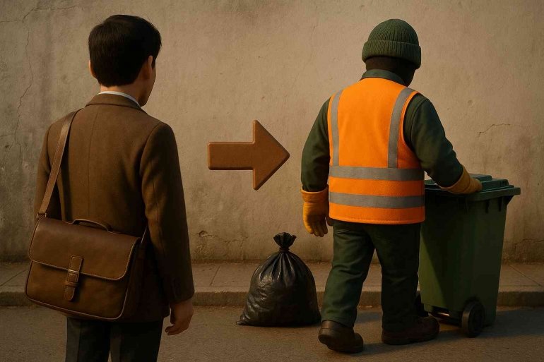 Ilustrasi Guru Menjadi Tukang Sampah ,ChatGPT5 