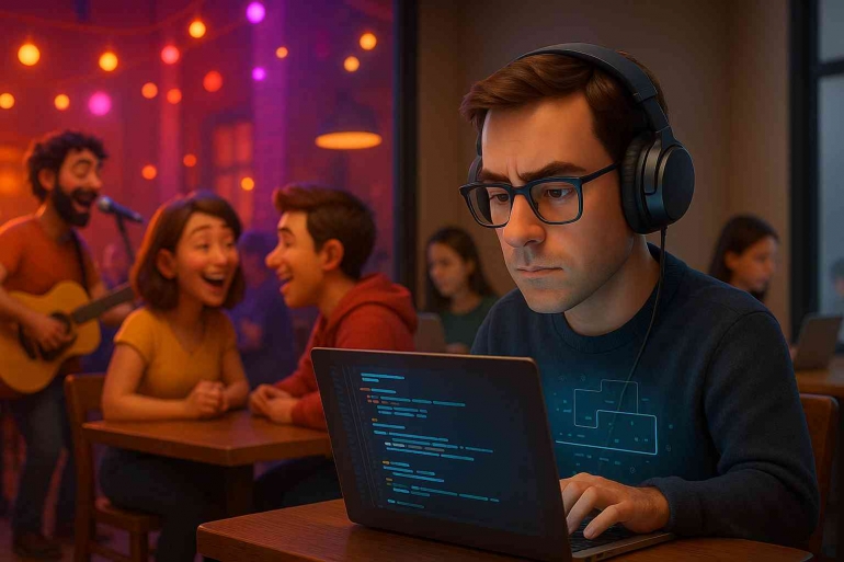 Ngoding di Kafe , Sumber : Ilustrasi dibuat oleh AI (ChatGPT + DALL·E, OpenAI) Prompt By Jody Aryono