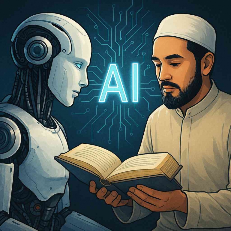 Ilustrasi AI belajar akhlak. Sumber gambar: AI Generated with DALL·E – OpenAI (Prompt & editing by Jody Aryono). 