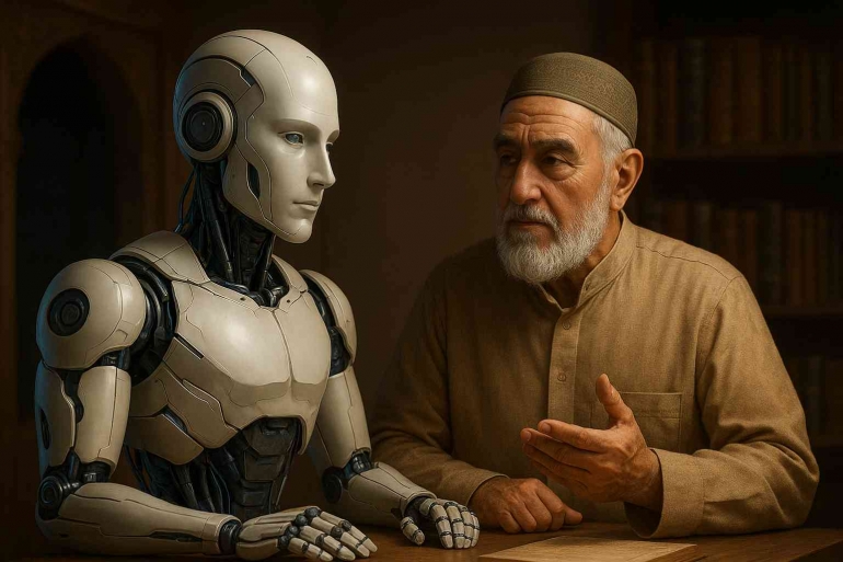  AI dalam Pandangan Syariat. Sumber: Ilustrasi dibuat oleh AI (ChatGPT + DALL·E, OpenAI) Prompt by J